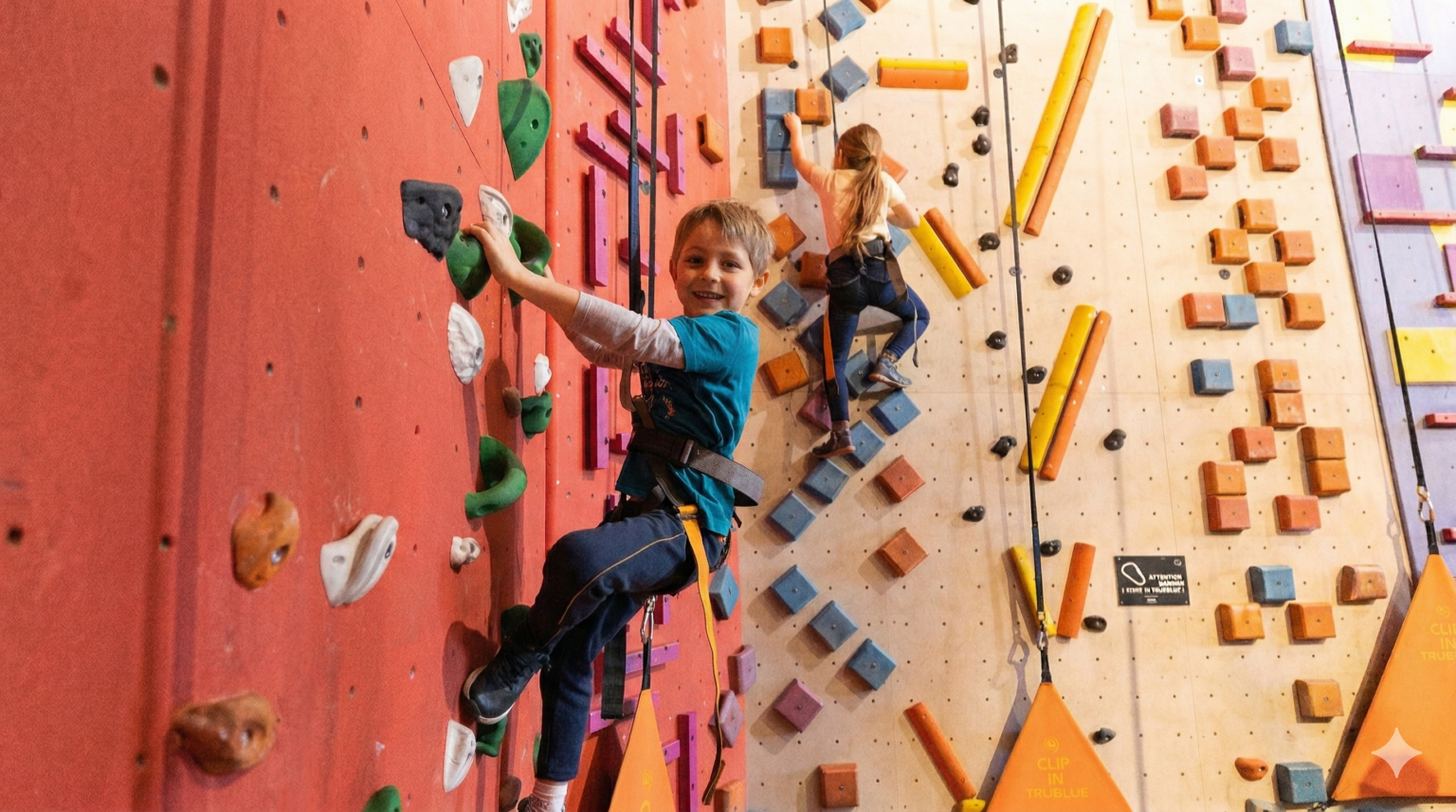 Deux enfants en baudrier sur les murs du Fun Escalade de Climb Up Confluence · Photo Climb Up